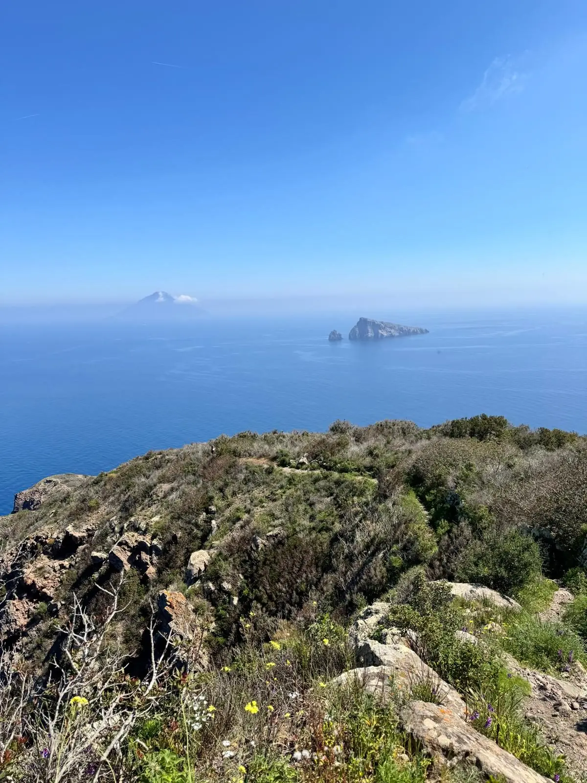 From the ridge of Panarea, the cone of Stromboli on the left and the tabular bulk of Basiluzzo on the right