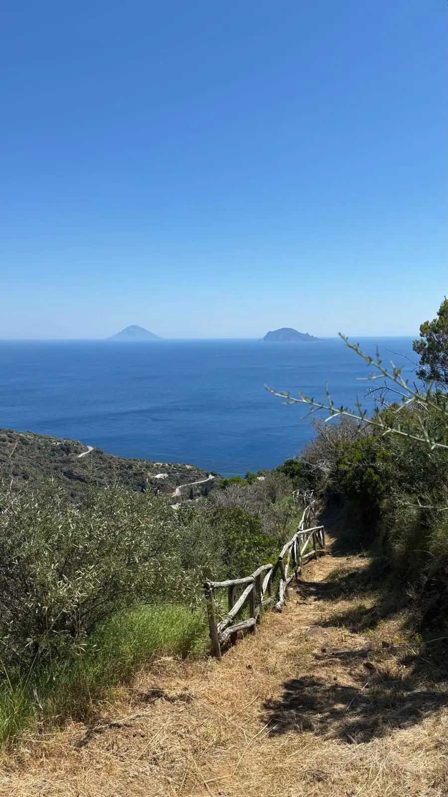 The mule track dropping through olive groves towards the coast, with two islands of the archipelago out at sea