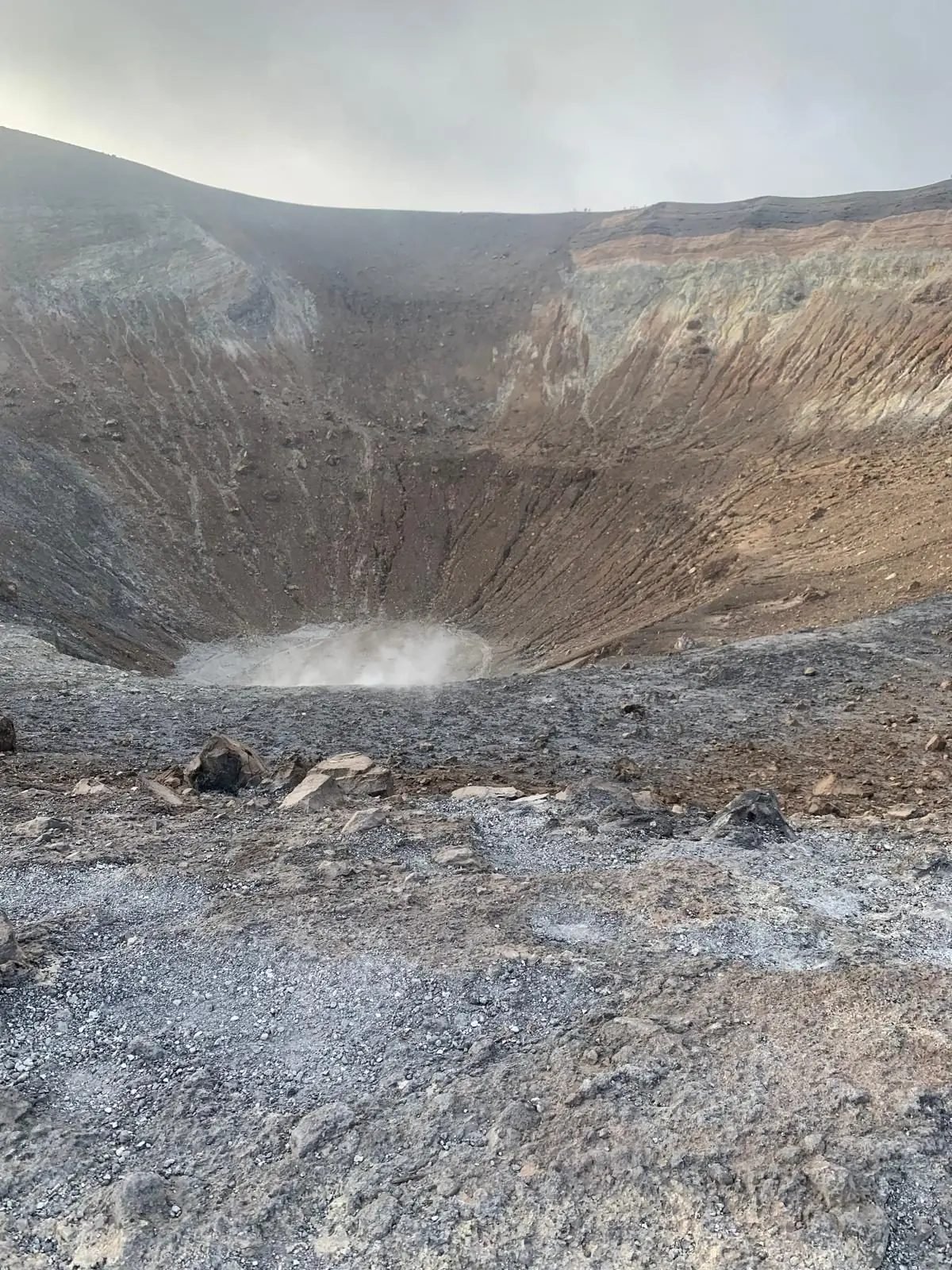 Inside the Gran Cratere della Fossa, its walls banded yellow and red and steam rising from the floor